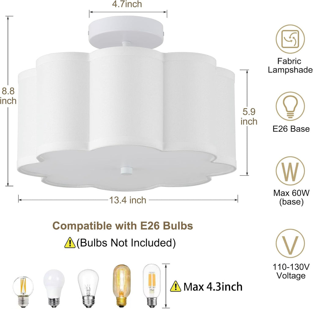 13.3"Semi Flush Mount Ceiling Light Fixture, Light Modern Close to Ceiling Light With Fabric Flower-Shaped Shade