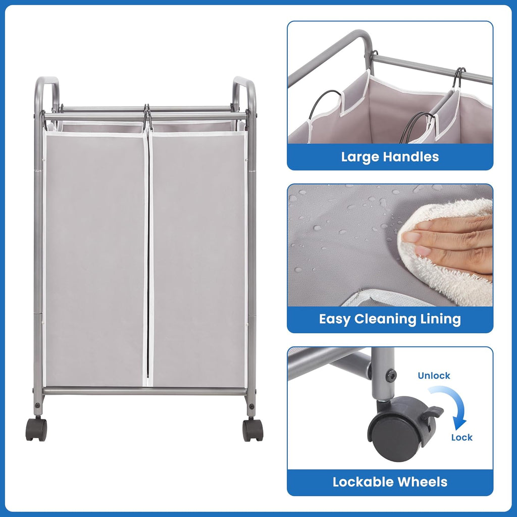 Laundry Sorter 2 Section, 90 L Gal Laundry Hamper with Wheels, Clothes Basket Separator Sorter, 2 Bag Rolling Cart