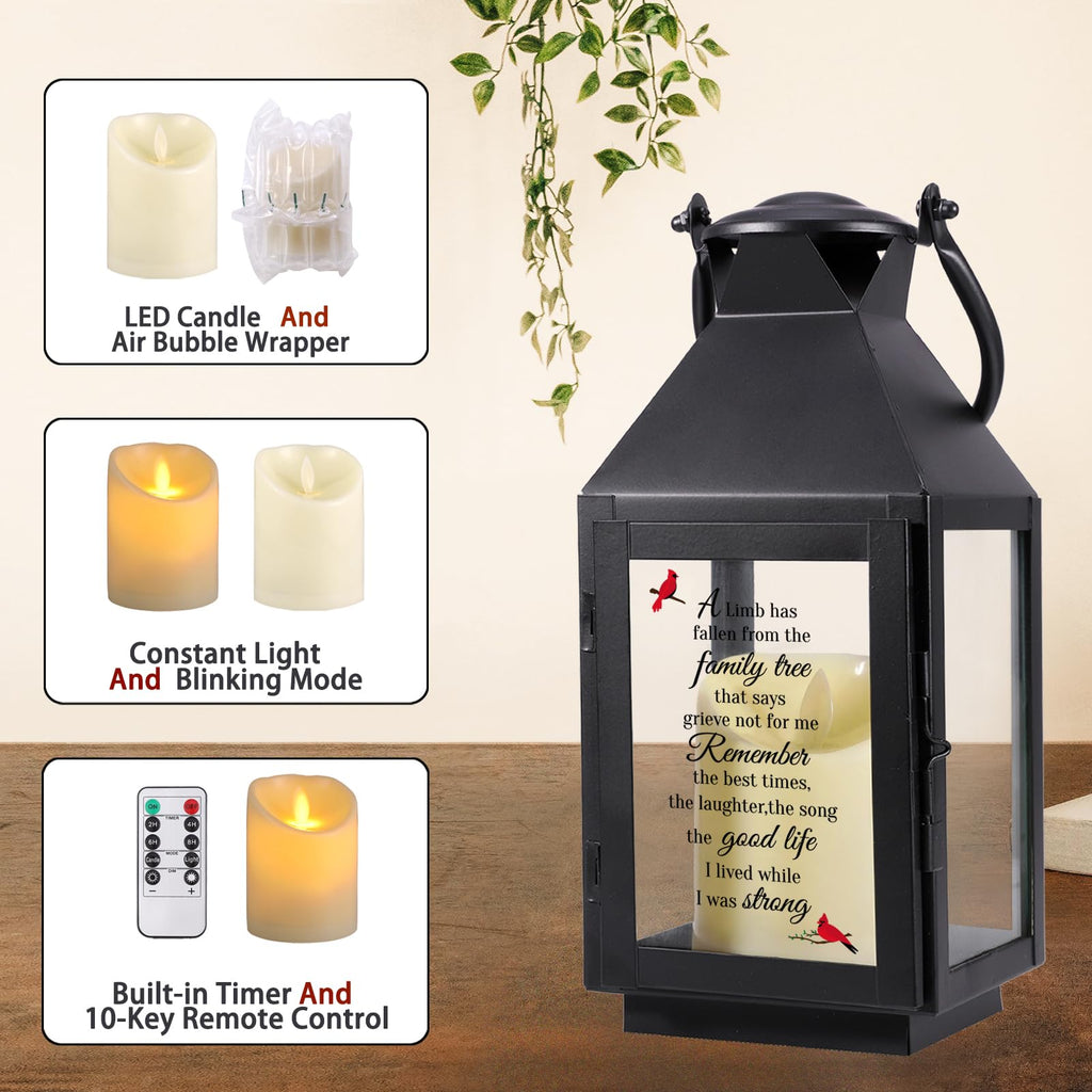 Memorial Lantern, Family Remembrance Sympathy Gift with Flickering LED Candle & Remote Timer, UV Printed Bereavement