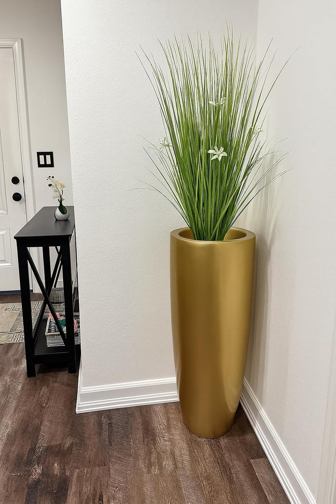 Tall 36" Gold Fiberglass Planter - Large Modern Lightweight Tapered Round Indoor/Outdoor Elegant Decorative Pot for