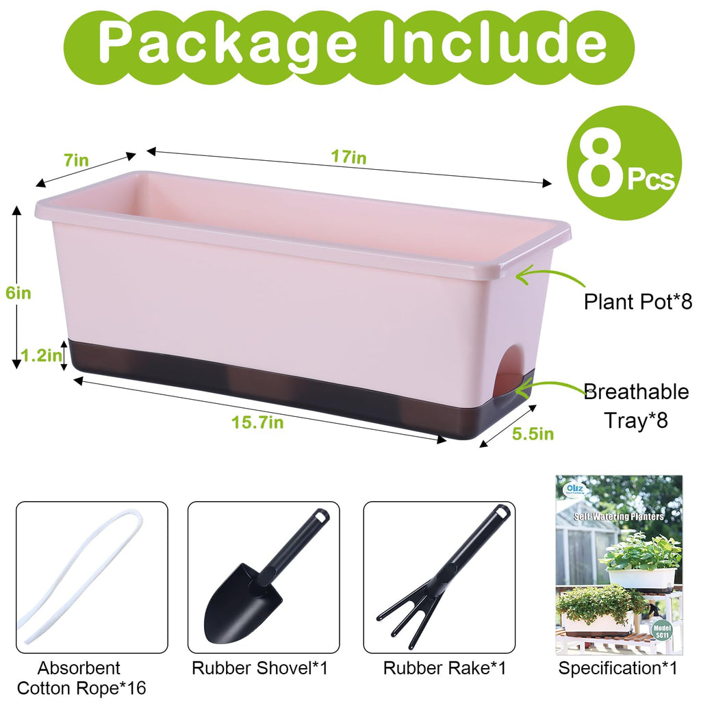 Window Box Planter 8 Pcs, 17 Inches Rectangle Flower Pots with Drainage Holes & Trays, Vegetable Planters for