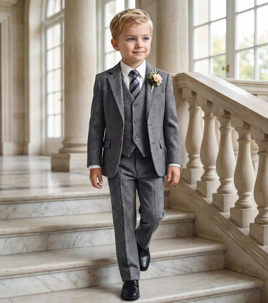 Boy's Suits Tweed Herringbone 5 Piece Tuxedo Wedding Suit for Kids with Tie