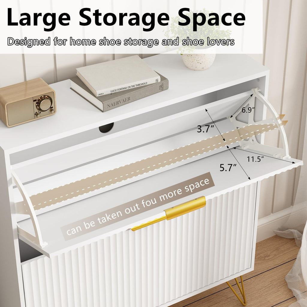 34.4" H Fluted Shoe Storage Cabinet with 2 Flip Drawers, White[Hidden Shoe Cabinet Storage, Narrow Freestanding Shoe