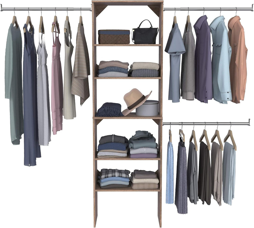 SuiteSymphony Wood Closet Organizer Starter Kit with Tower and 3 Hang Rods, Shelves, Adjustable, Fits Spaces 5 - 10