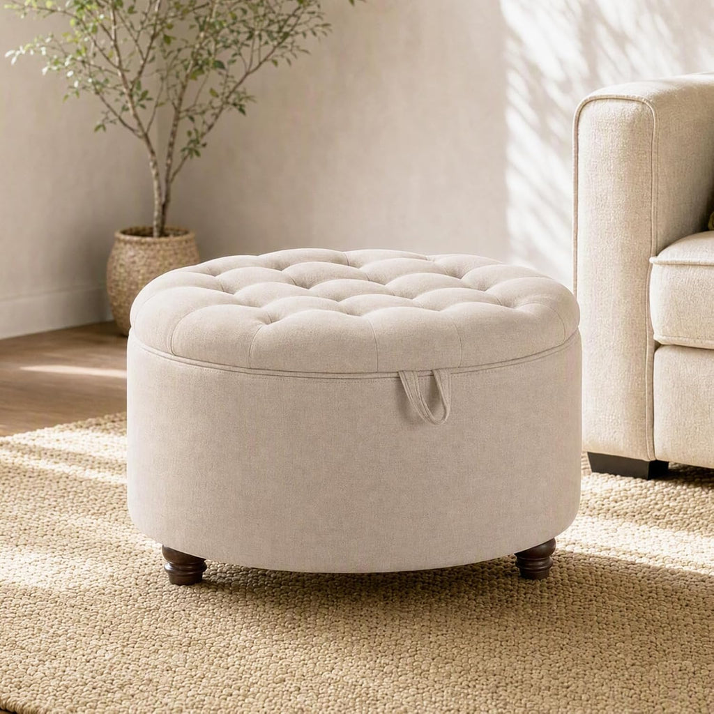 30" Round Storage Ottoman Coffee Table, Tufted Lid & Wood Top, Khaki | Nailhead Trim Solid Wood Legs Extra Large