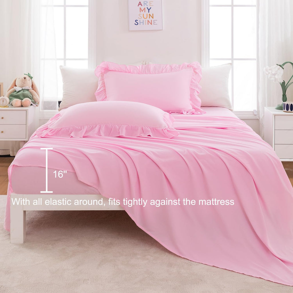 Pink Ruffle Bed in A Bag King Size 6 Pieces Farmhouse Comforter Set with Sheets Solid Boho Chic Bedding Set for Girls