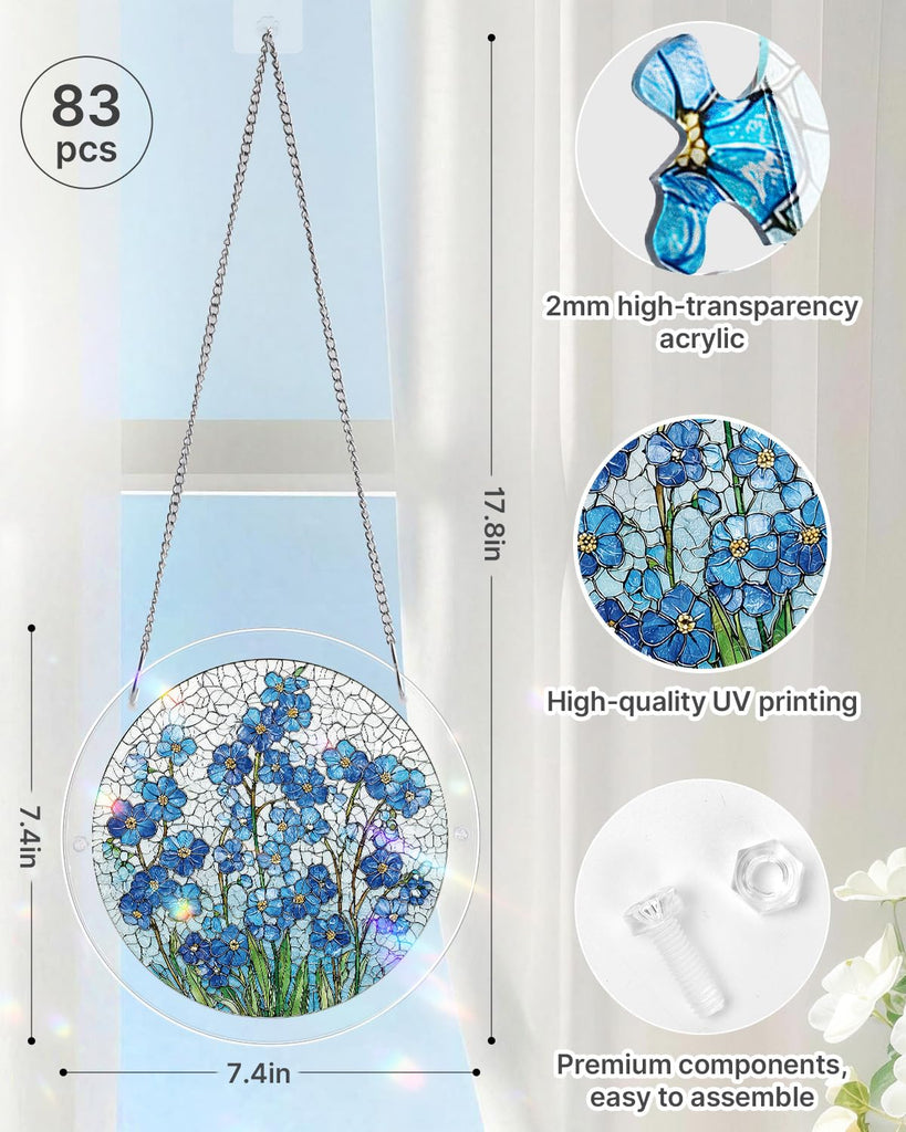 7.4 In Acrylic Suncatcher Puzzle, Azure Bloom Whisper Stained Glass Style
