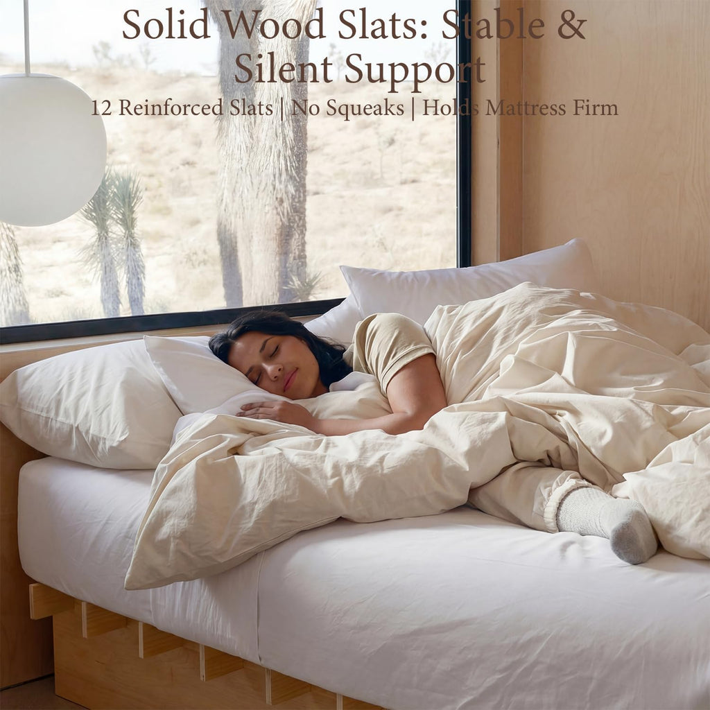 Wood Platform Bed Frame, Platform Bed Frame with Wooden Slats, 10 Min Tool Free Assembly, Japanese