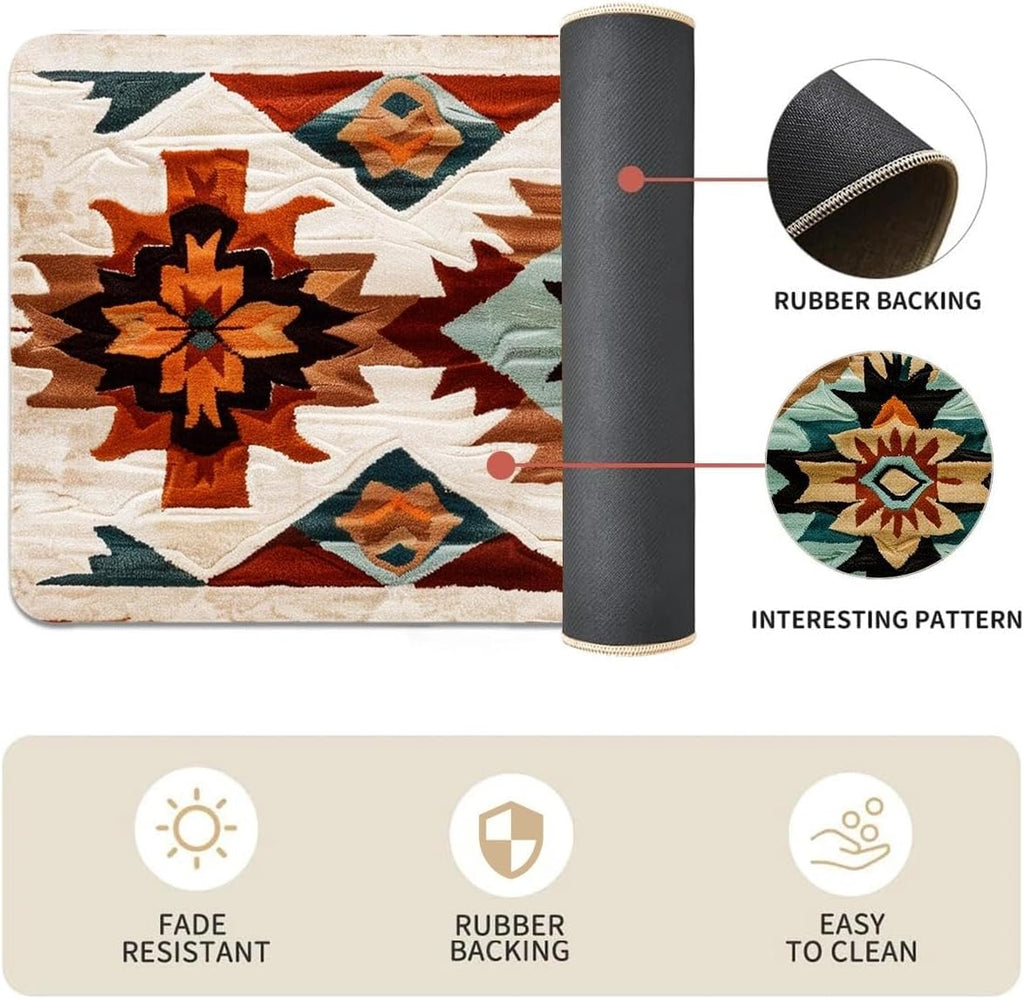 Rustic Navajo Kitchen Rugs Set of 2, Aztec Geometric Cotton Blend Linen Non Slip Kitchen Floor Mats Bedroom Bathroom