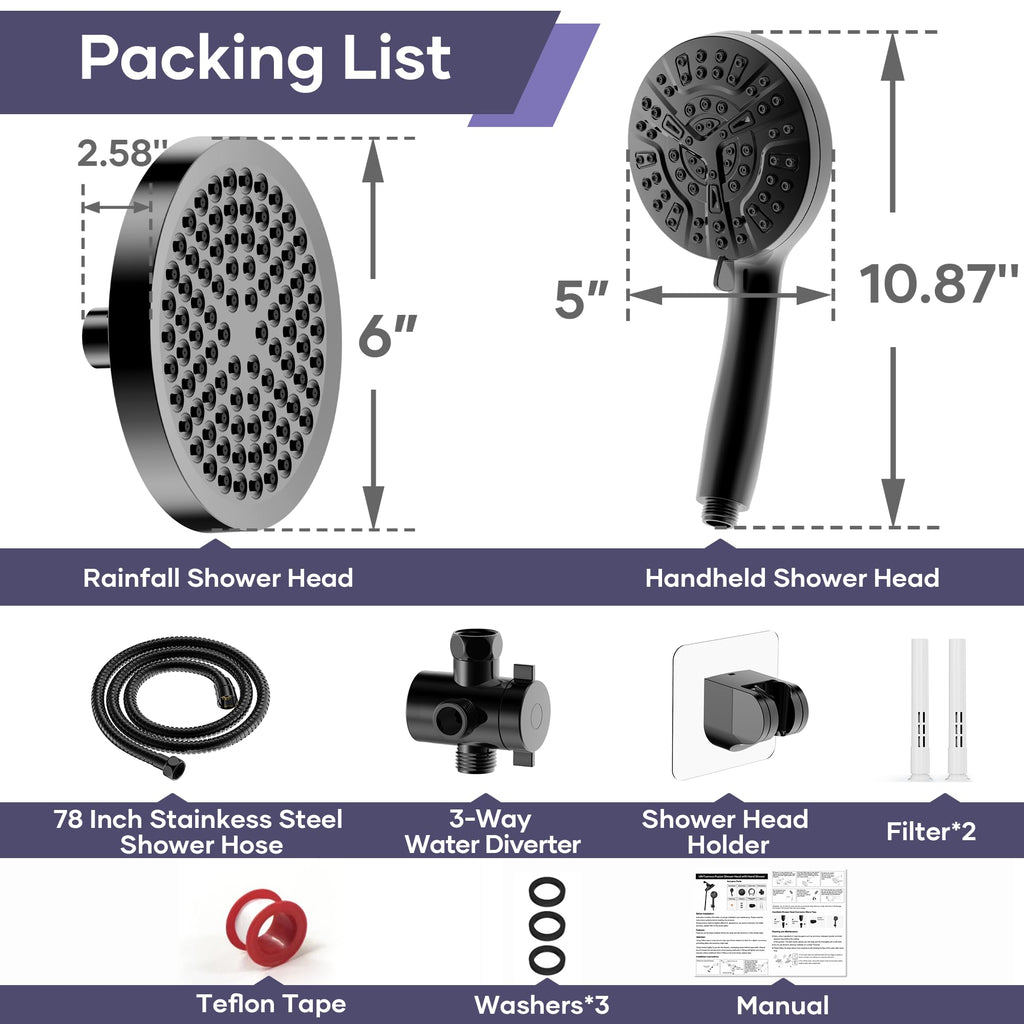 Shower Head with Handheld Spray Combo, Dual Rain Shower Head-Black
