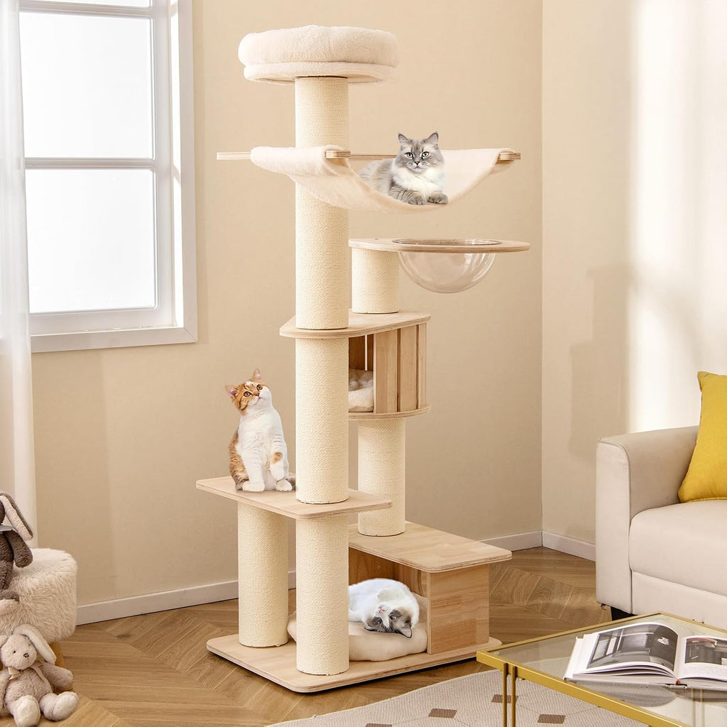 69" Tall Cat Tree, Multi-Layer Wood Cat Tower with Scratching Posts, Perch, Condo, Space Capsule, Hammock, Washable