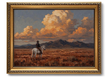 Cowboy on Horse Wall Art Western Canvas Prints, 12x16in, Gold Framed