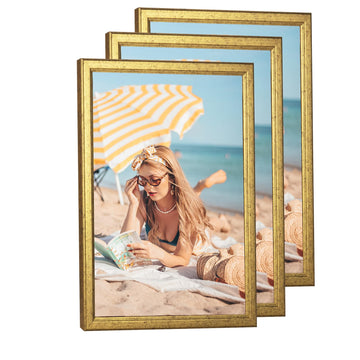 3 pack Wood 13x17 Frame Gold, Ornate Natural Wooden 17x13in Picture Frame, Modern Golden 13 x 17in Gallery Photo Pic