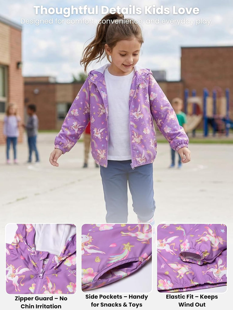 Girls Lightweight Hooded Jacket Kids Water-Resistant Windbreaker Printed Jacket