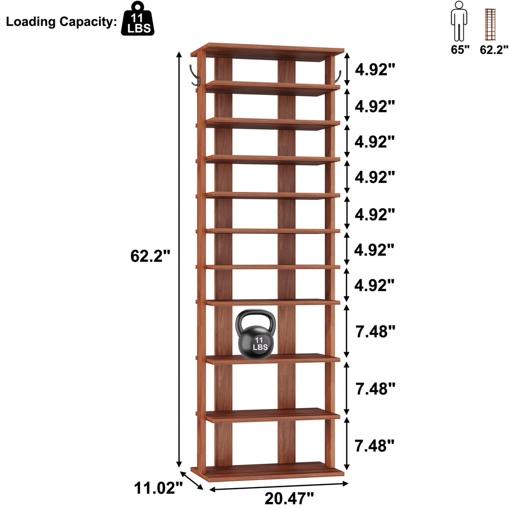 10-Tier Corner Shoe Tower - Double Rows, Slim Shoe Stand for 20 Pairs - Entryway, Hallway, Closet (Walnut)