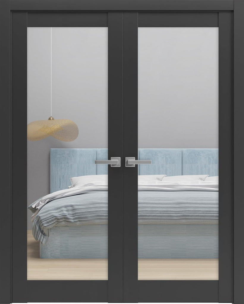 Lucia 2166 | Double Swing Interior French Doors with Glass, Solid Wood, Hardware Included, 72x80, Bl