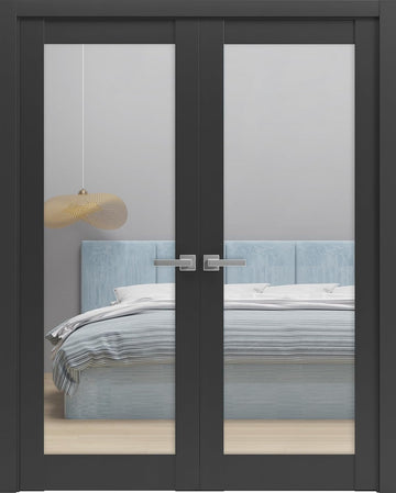 Lucia 2166 | Double Swing Interior French Doors with Glass, Solid Wood, Hardware Included, 84x96, Bl
