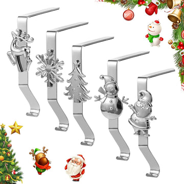 Holders for Mantle, Set of 5 Christmas Stocking Holders for Fireplace, Stocking Hangers for Mantel, Snowflake