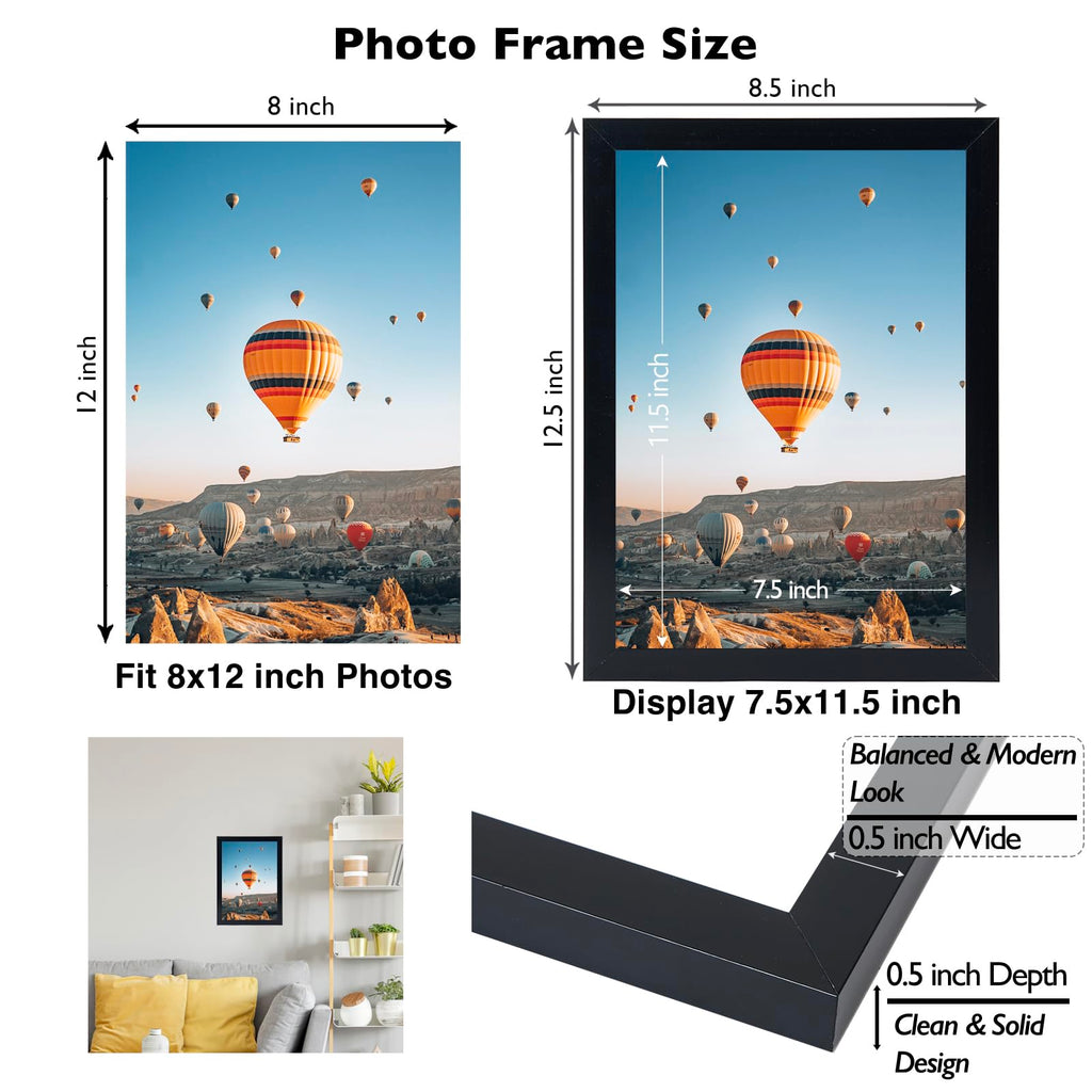 8x12 Picture Frame Set of 4 Black for Wall Hanging or Tabletop- Wall Mounting Horizontally or Vertically, 8 x 12 Wall