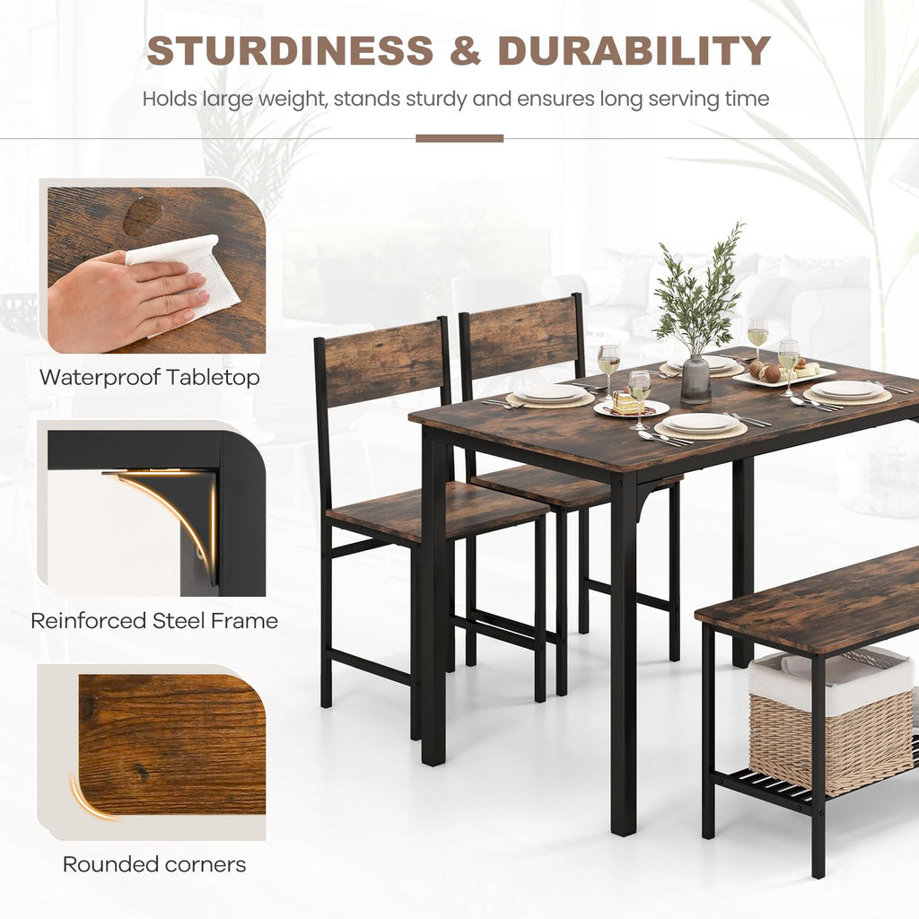 Small Dining Table Set for 4 with Bench, Industrial Kitchen Table and Chairs, Rustic Brown Wood & Black Metal 4-Piece