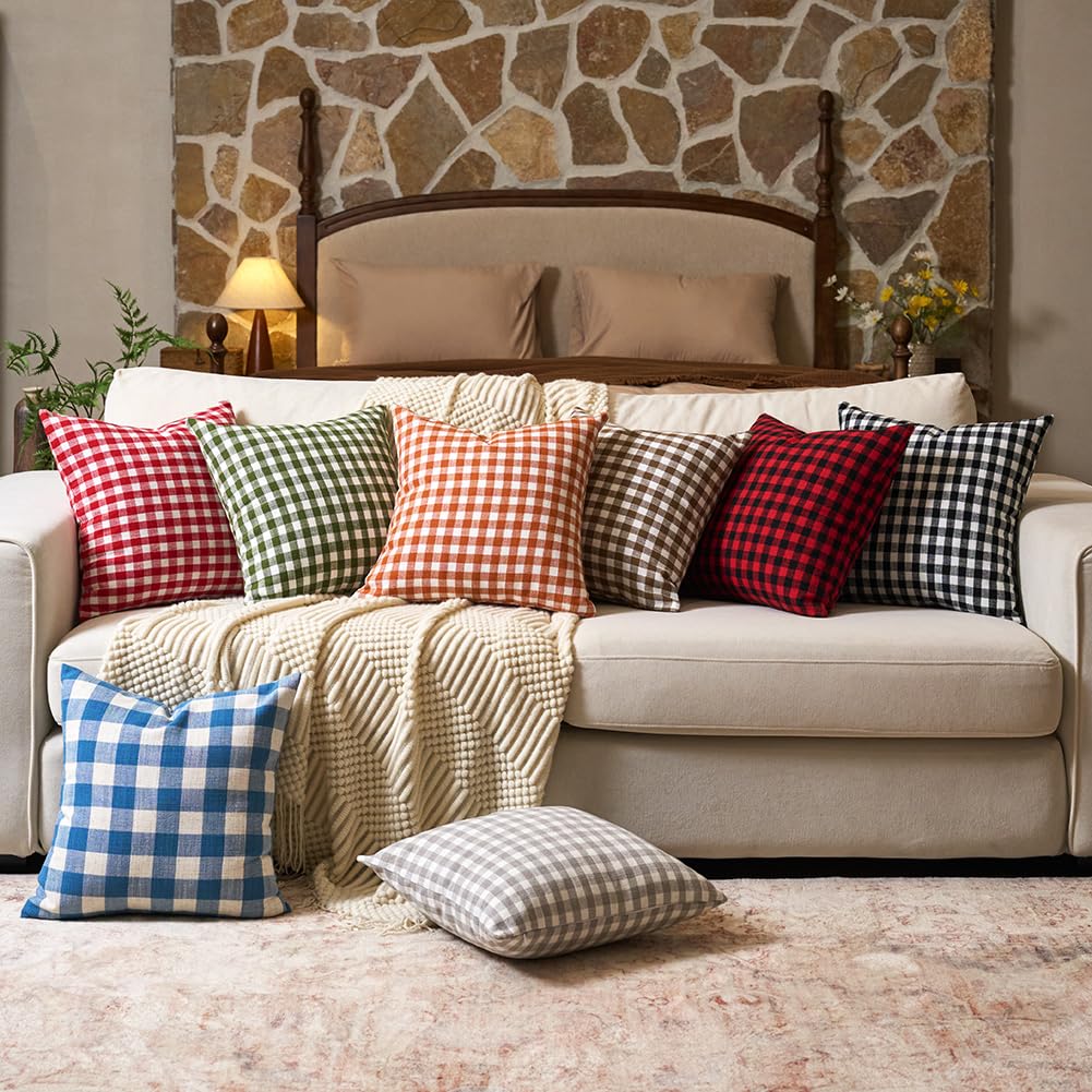Fall Brown Plaid Gingham Euro Pillow Sham Covers 26x26 Set of 2 for Couch