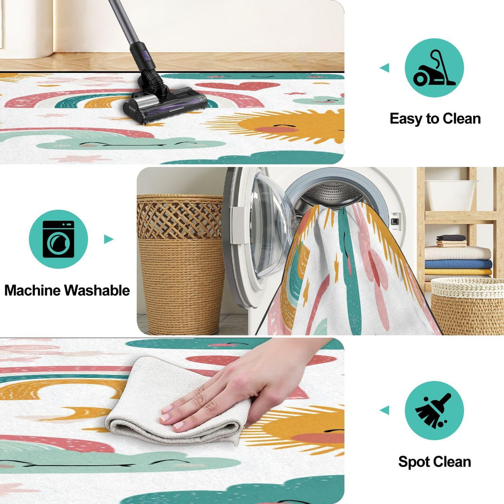 .3 Area Rug Low Pile Seamless Childish Rainbows Sun Moon Scandi Washable Throw Rug Non-Slip Non-Shedding Rug
