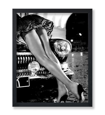 Sexy Legs on Classic Car Poster - Woman in High Heels Print - Girly Art - Black and White Illustration - Photography