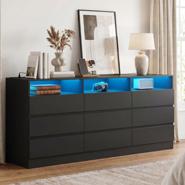 63" Black 9-Drawer Dresser w/Power Outlet, LED Light