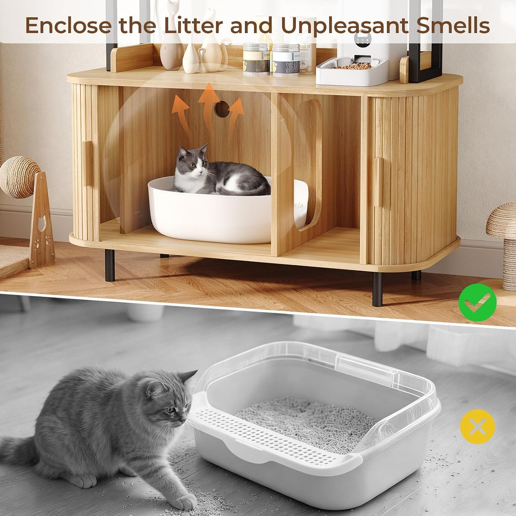 54 in Cat Litter Box Enclosure with Shelves&Charing Station, Oak