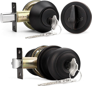 Keyed Alike Entry Door Knob and Single Cylinder Deadbolt Lockset, Front Door Knob with Key and Deadbolt, Oil Rubbed