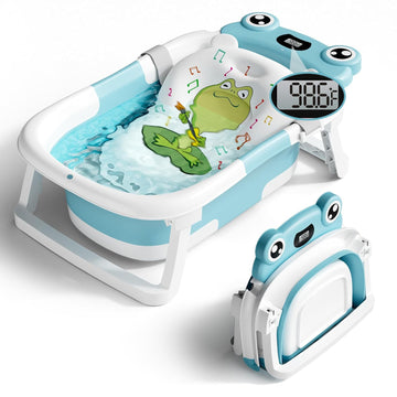 Baby Bathtub, Collapsible Newborn Bathtub for Infant to Toddler with Soft Cushion and Thermometer,Portable Travel