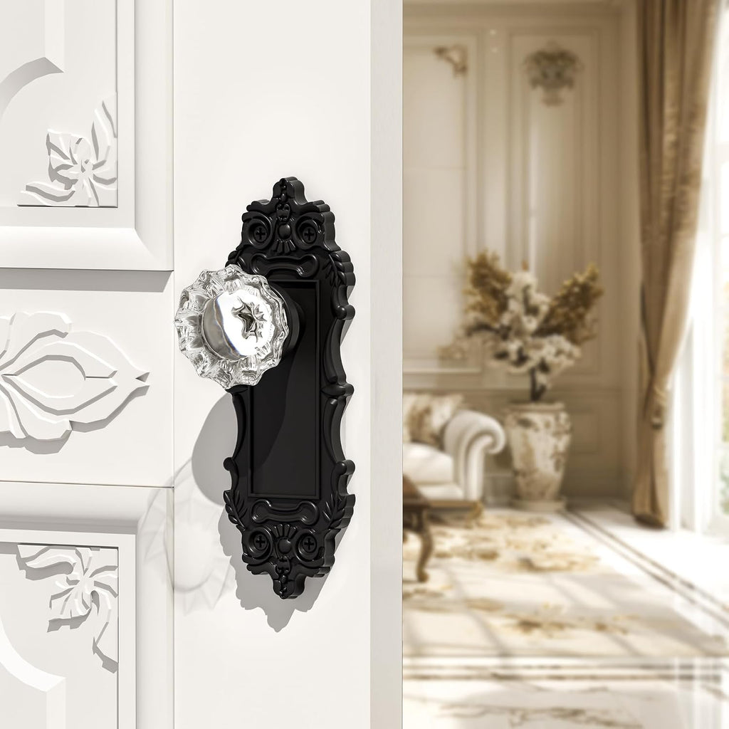2 Pack Antique Crystal Glass Dummy Door Knobs Interior, Matte Black