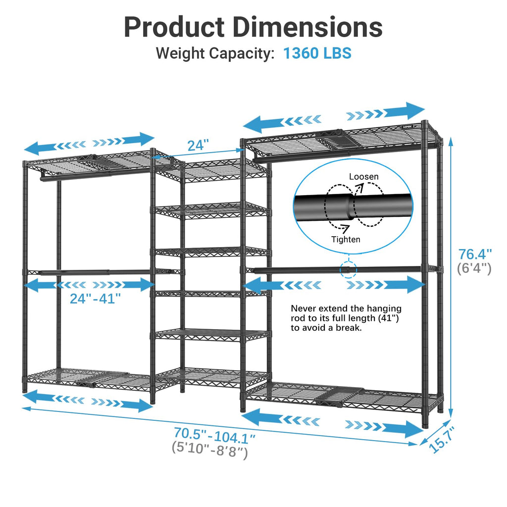 X3 Plus Large Expandable Closet Rack Wardrobe Closet Organizer Black