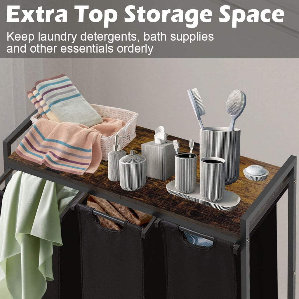 Large Laundry Hamper Sorter with 3 Removable & Pull-Out Sorting Bags, Wooden Top Shelf, Versatile Laundry Basket