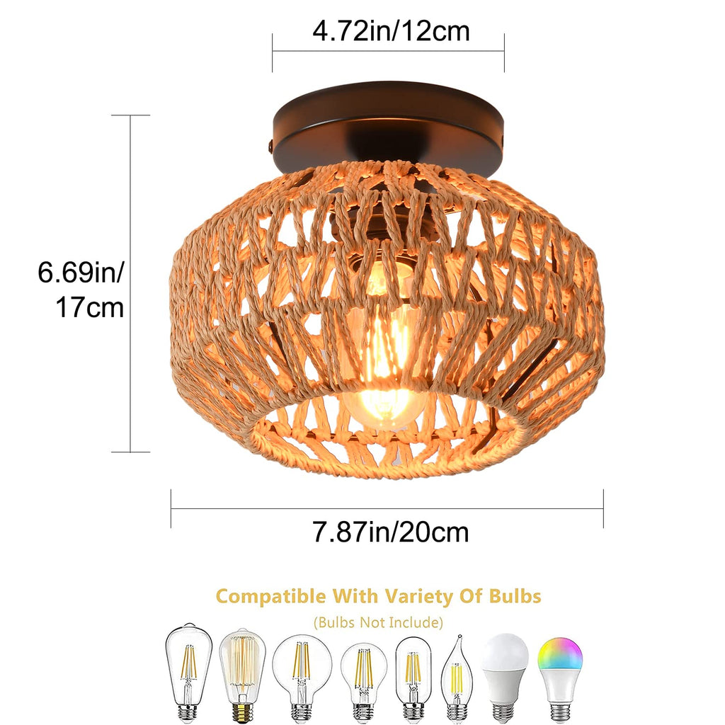 2 Pack Farmhouse Light Fixtures Ceiling Mount, Mini Rattan Boho Semi Flush Mount Ceiling Light, Hand Woven Hallway