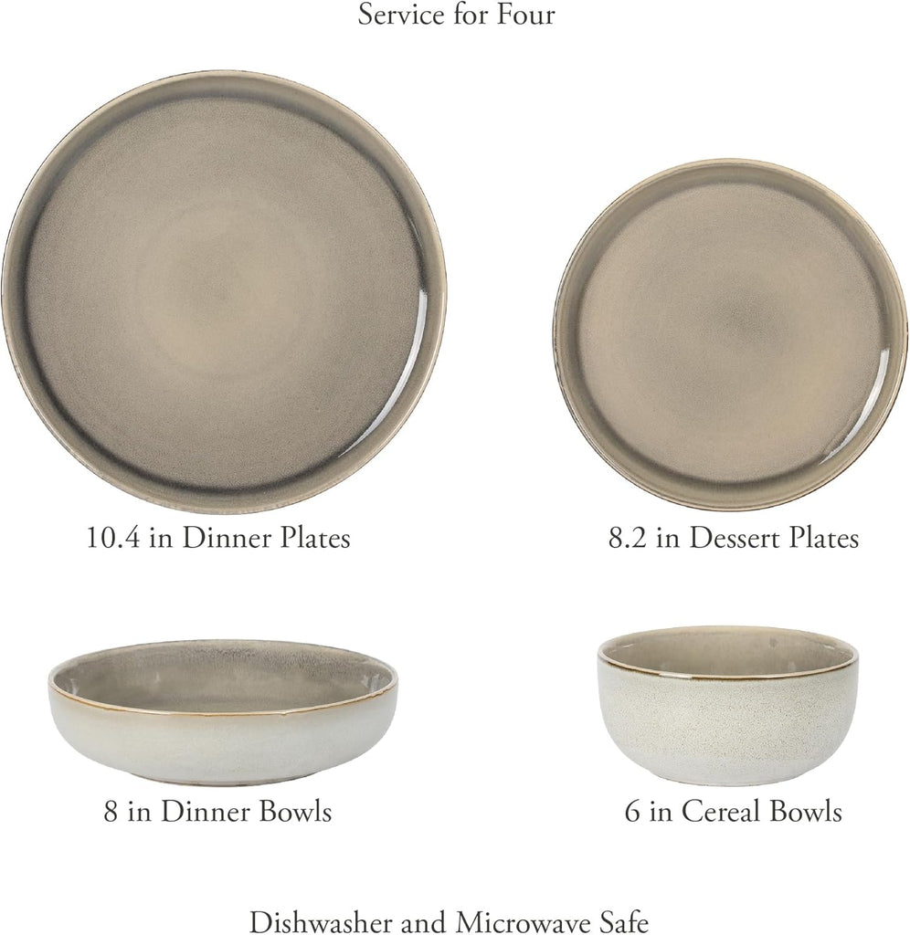Sunveil 16 Piece (Service for 4) Plates and Bowls Reactive Glaze Round Dishes Stoneware Ceramic Dinnerware Set