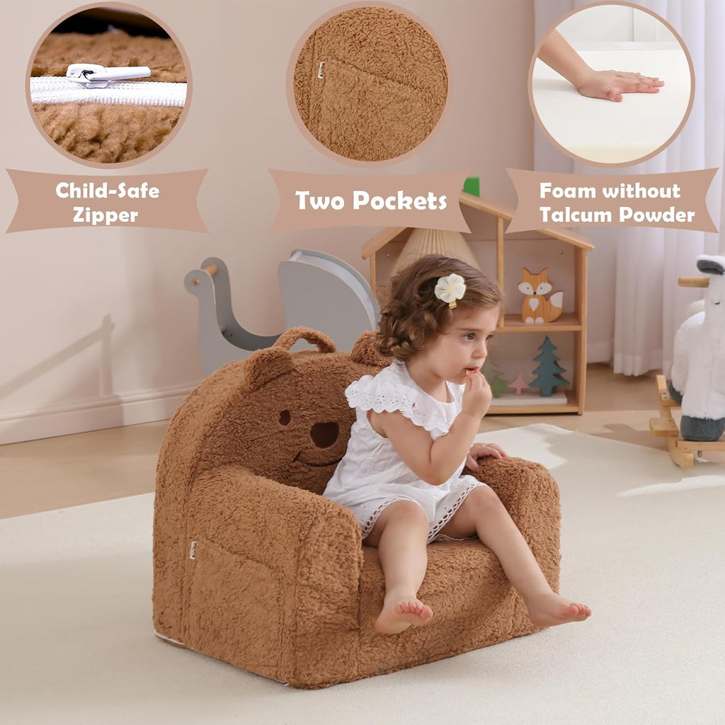 Toddler Chair,Sherpa Bear Toddler Couch Fold Out,Children Reading Chair,Flip Out Kids Couch,Kids Sofa Convertible