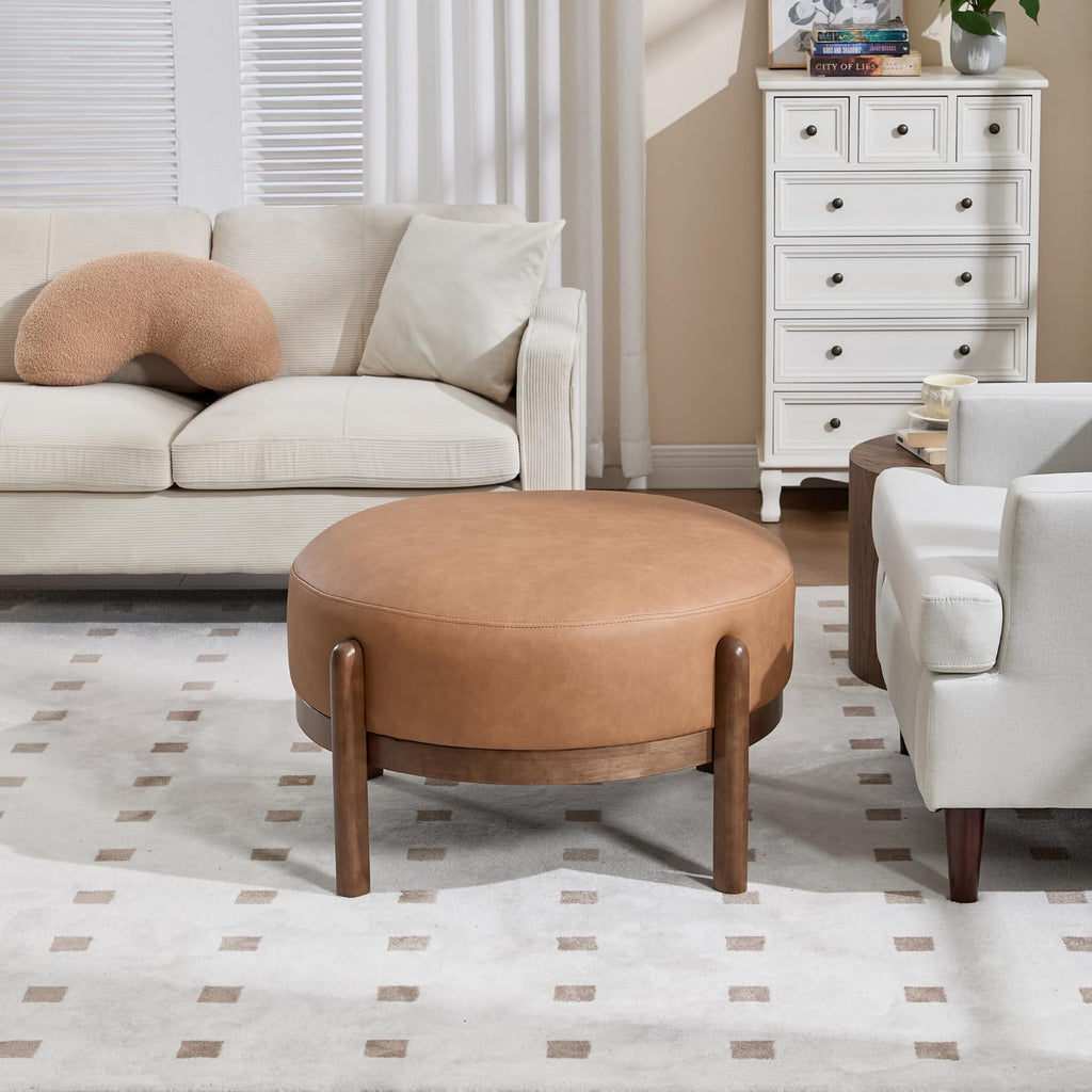 Modern Ottoman, Soft PU Leather Footrest Bench with Solid Wooden Legs Single Seat Bedroom, Brown