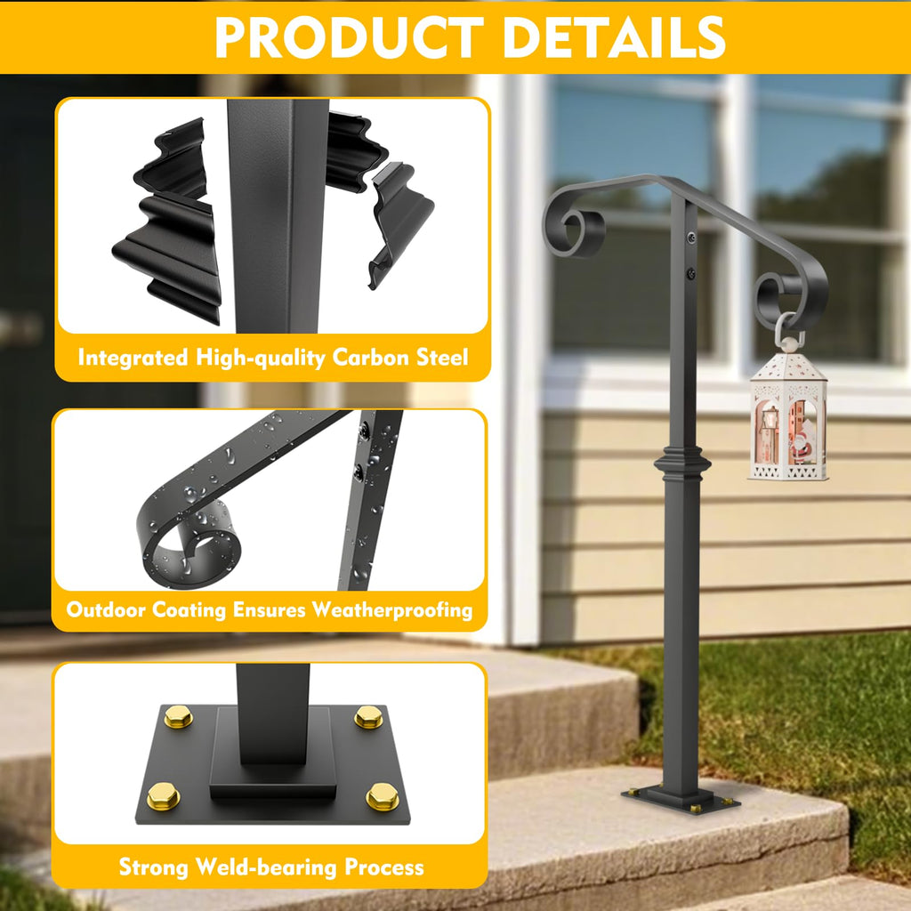Single Post Handrail, 1 or 2 Steps Handrails for Outdoor Steps, Rust-Proof Wrought Iron Stair Railing for Seniors