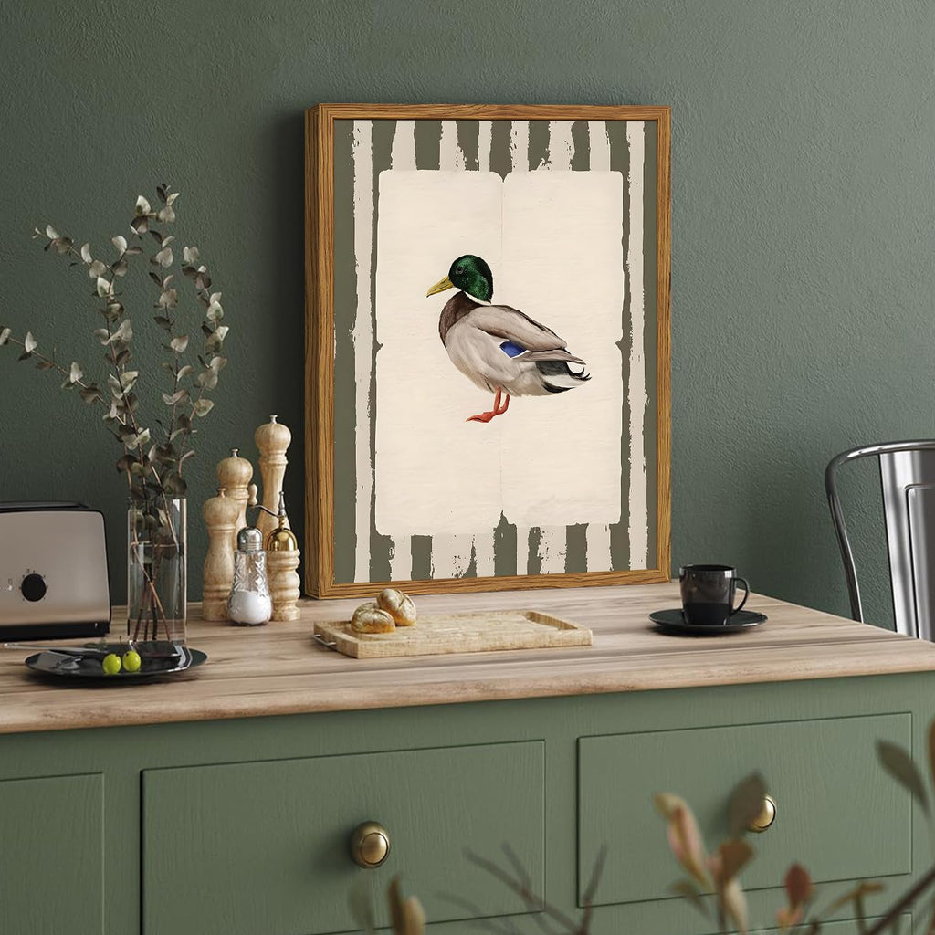 Framed Vintage Mallard Duck Wall Art, Country Farmhouse Duck Pictures Wall Decor, Rustic Wildlife Animal Paintings