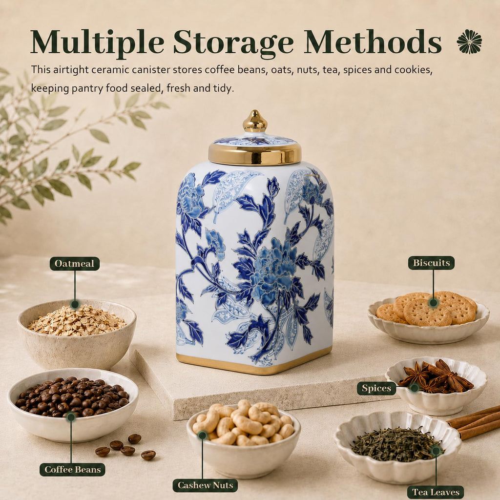 12.5" H Ceramic Kitchen Canisters for Countertop, Tea & Coffee Bean Storage Canister with Airtight Lid, Blue and