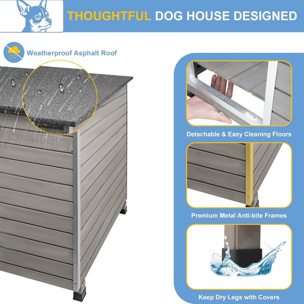 0.47" Thick Fir Wood Large Dog House Outdoor, Weatherproof Igloo House for Small to Large Dogs with Removable Floor &