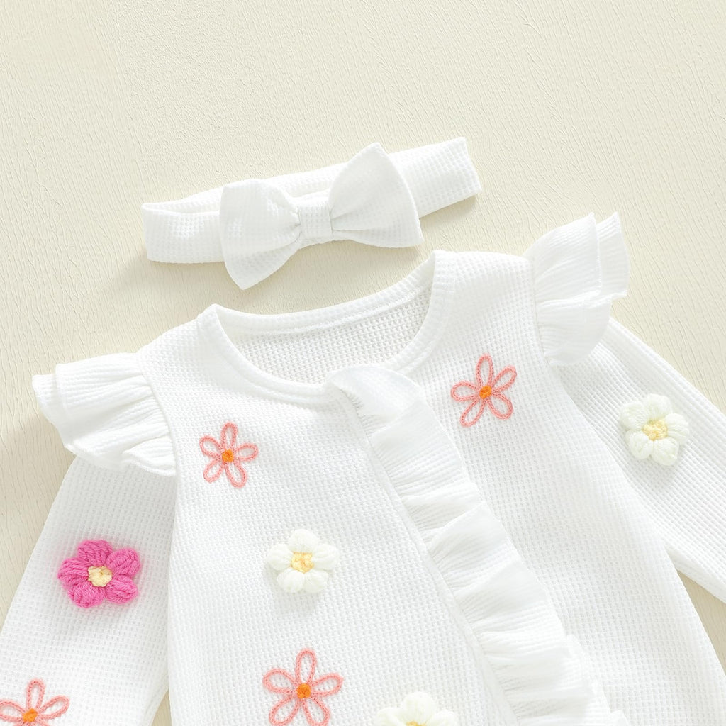 Newborn Baby Girl Clothes Ribbed Ruffle Romper Long Sleeve Zipper Onesie Jumpsuit Coming Home Outfit Girl (3D Flower