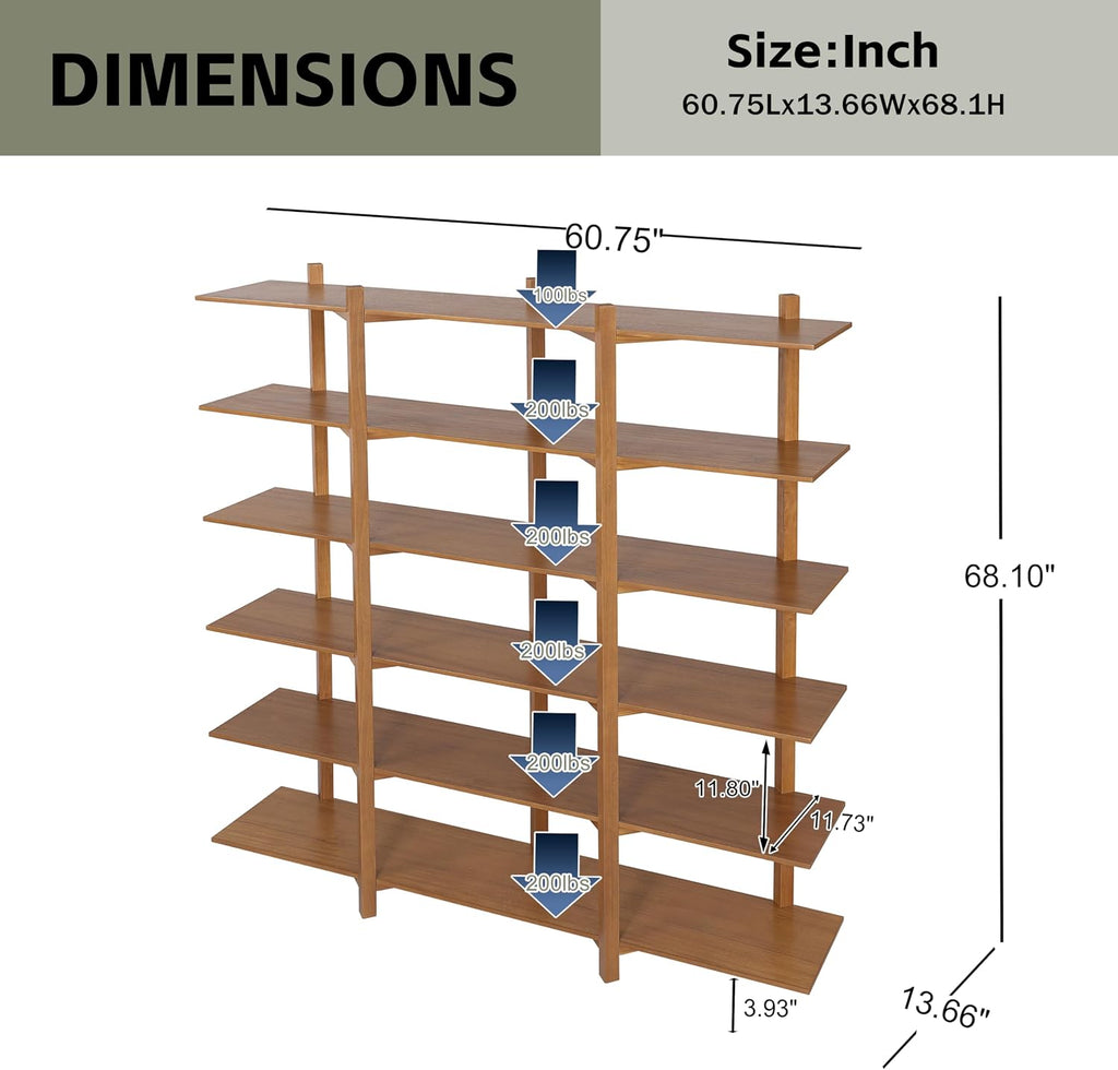 Marten 68.1" Tall 6-Tier Bookshelf, Wooden Open Storage Shelf with Solid Wood Support, Modern Open Back Display