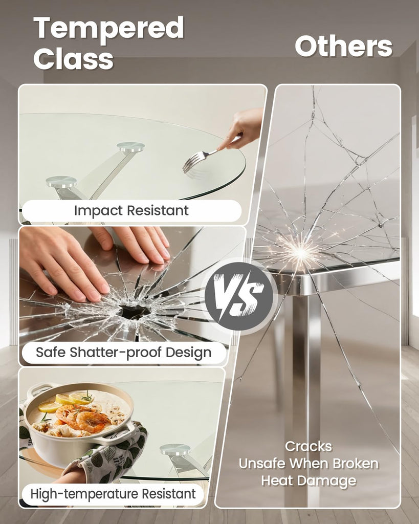 47.2" Round Glass Dining Table Set for 6, Modern Dining Room Table with Stainless Steel Legs & 6 Upholstered Velvet
