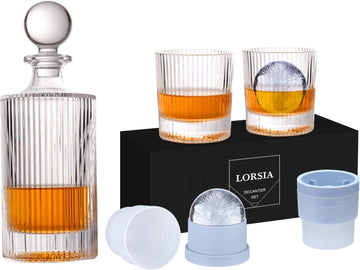 Whiskey Decanter Set with Gift Box - Includes 2 Crystal Bourbon Glasses and 2 Big Ice Ball Molds - Whiskey Glasses