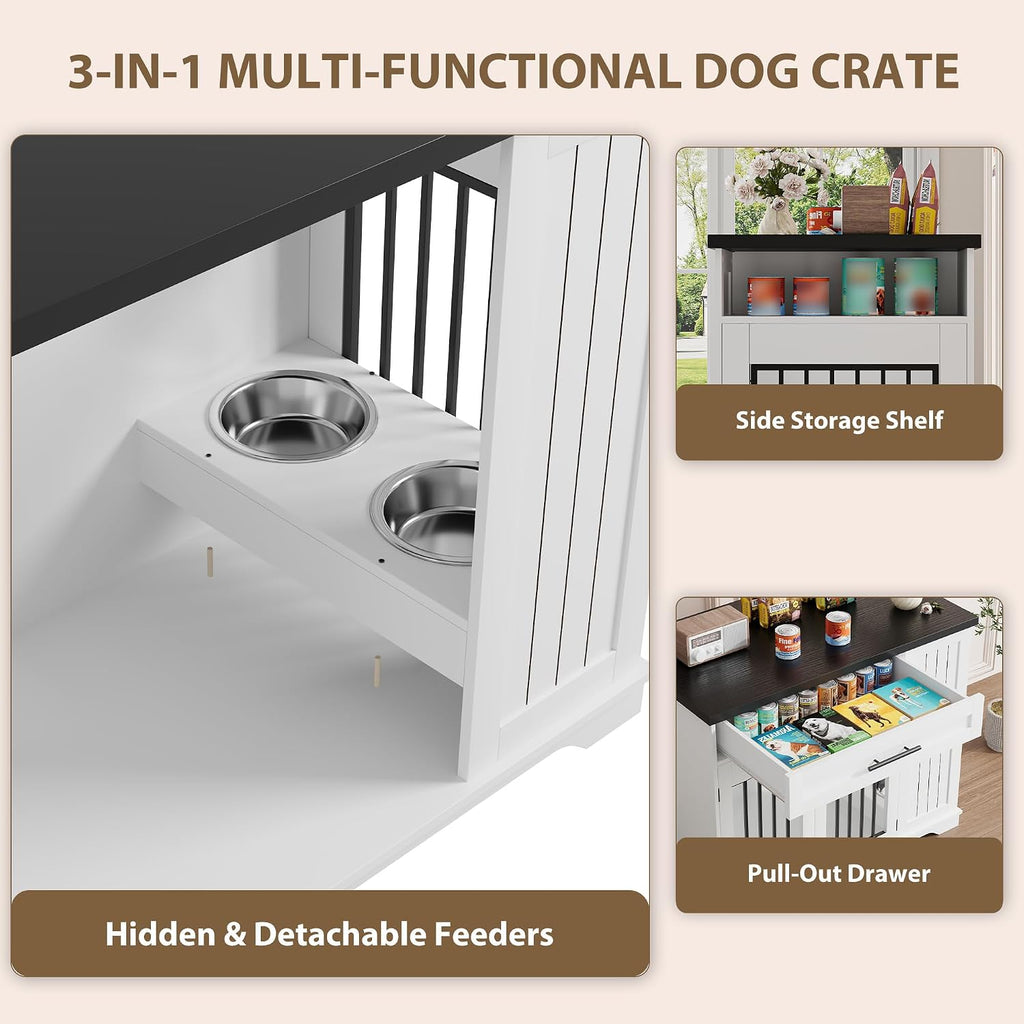 44 Inch Heavy Duty Wooden Dog Crate Furniture with Drawer & Side Storage - Indoor Dog Kennel Furniture with Double