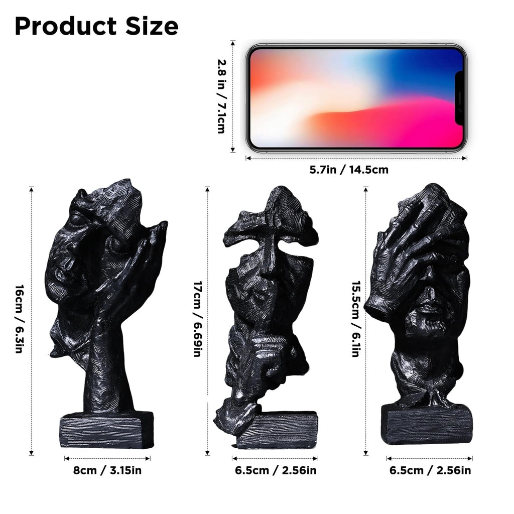 3 Pcs Thinker Statue, Silence is Black Abstract Art Figurine, Modern Home Resin Decorative Objects Decor Bookshelf