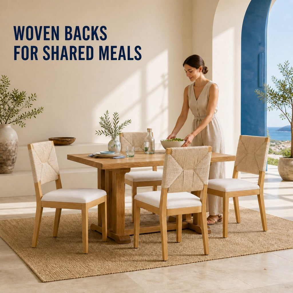French Country Dining Chairs Set of 6, Farmhouse Kitchen & Dining Room Chairs, Beige Boho Wood Dinning Chair with