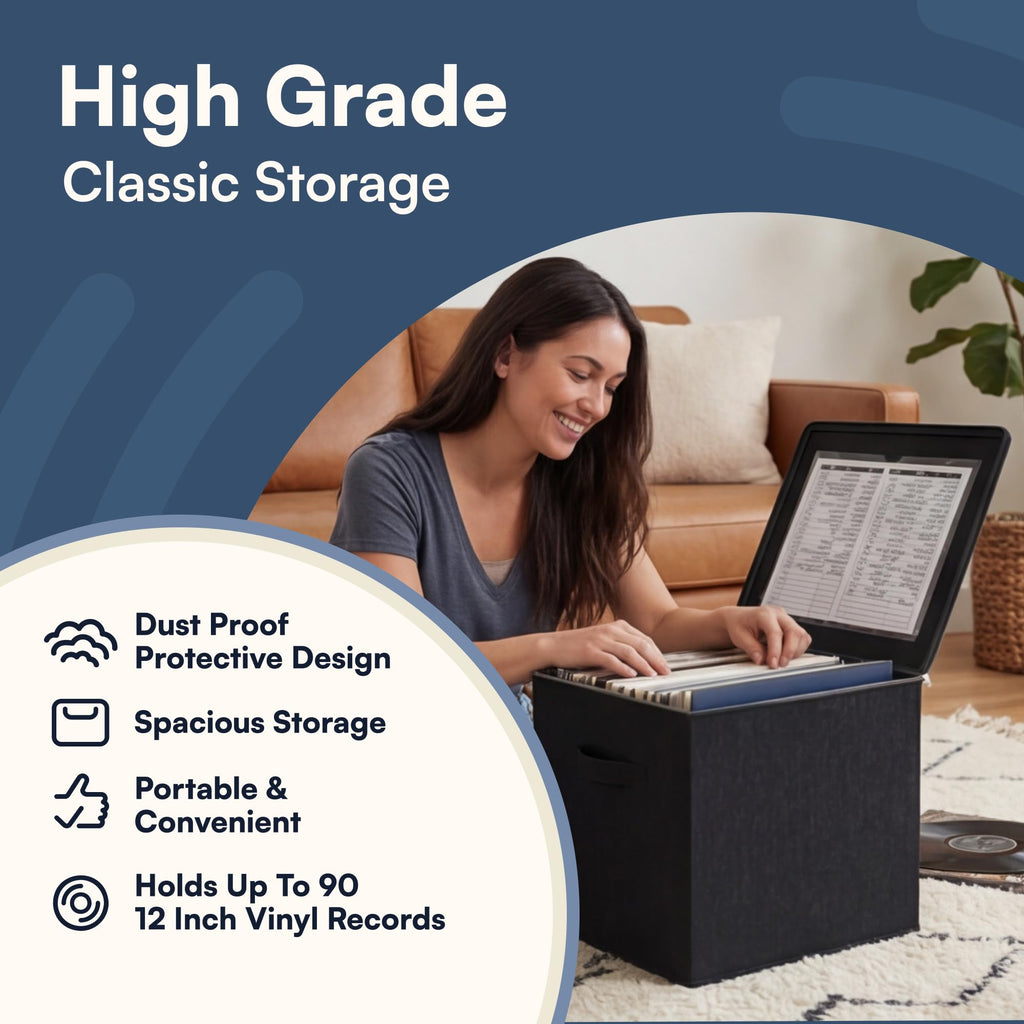 Vinyl Record Storage Box with Zip Closure - Holds Up to 90 12 Inch Vinyl Records - Collapsible Crate, LP Storage
